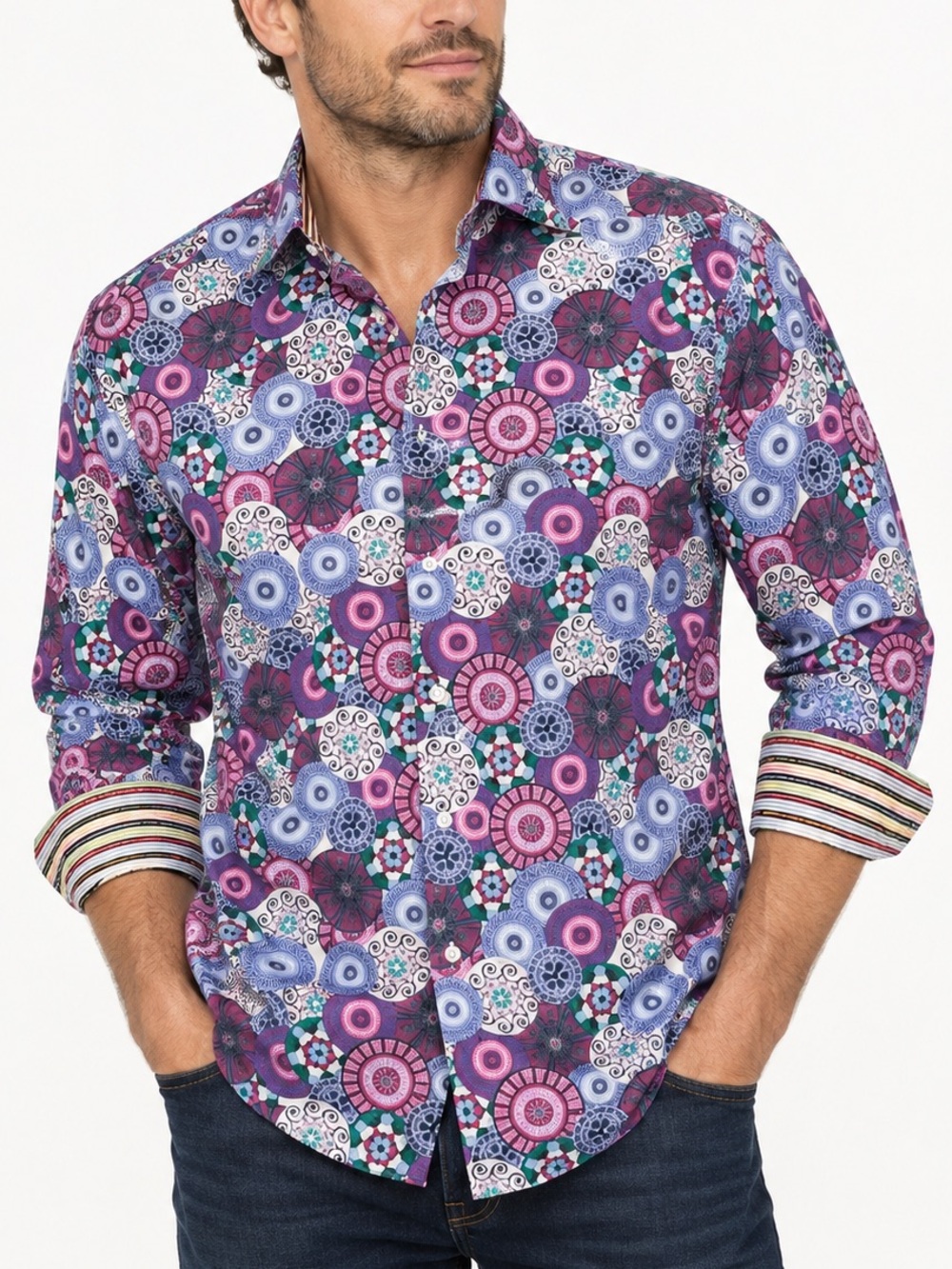 Robert Graham Floral Medallion Flip Cuff Shirt Sz L